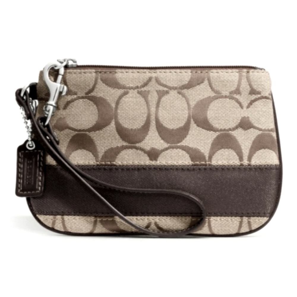 COACH Signature Stripe Small Wristlet Wallet Khaki Mahogany Brown F47790